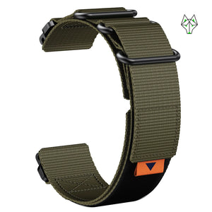 Olive green Apple Watch band with black hardware and orange accent, compatible with 2000+ styles