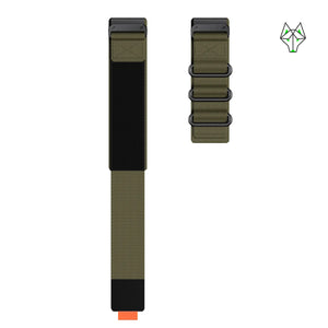 Olive green Apple Watch band with black accents and metal rings, featuring secure strap design