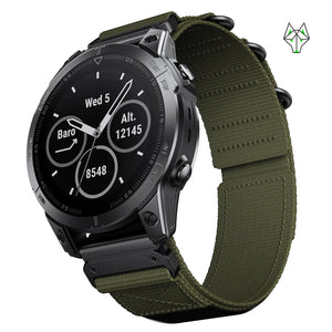 Olive green nylon watch band for Apple Watch, rugged design with secure buckle, compatible with smartwatch models.