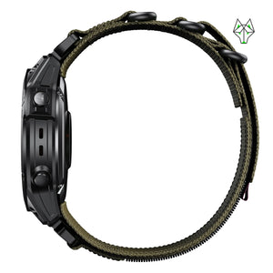 Olive green woven Apple Watch band with black case, rugged design for active use
